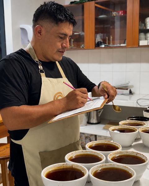 Catador de APROECO con mandil anotando en su ficha frente a las tazas de una sesión de catación.